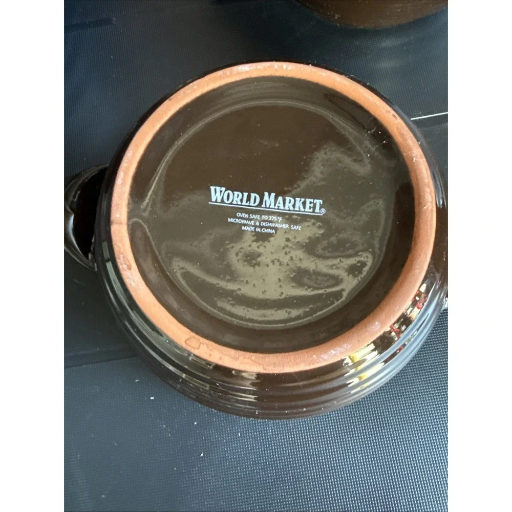 World Market Soup Crock Pot With Lid BowlsEarthenware Two Tone Brown Terra Cotta